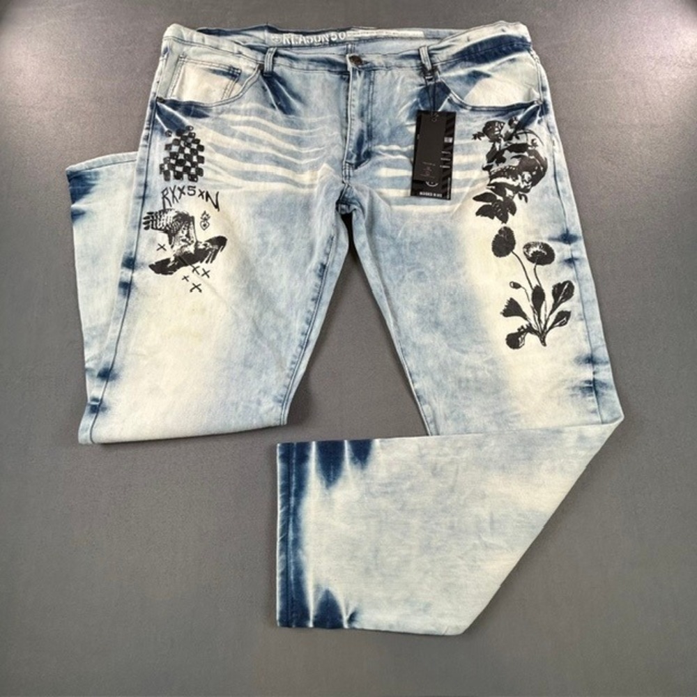 Reason Men's Big & Tall Light Wash Skull Flower Print Denim Jeans 50x34 Stretch